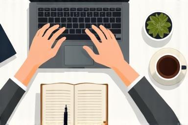 Hands working on a laptop and notebook